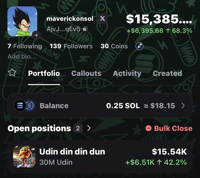 A screenshot of a trading profile for 'maverickonsol' showing a portfolio value of $15,385 (+68.3%), a balance of 0.25 SOL, and an open position in 'Udin din din dun' (30M Udin) up 42.2%.