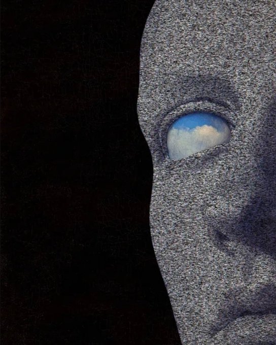 A surreal artwork showing a stone-textured sculpted face in profile against a black background, with a realistic blue sky and white clouds visible in place of the eye.