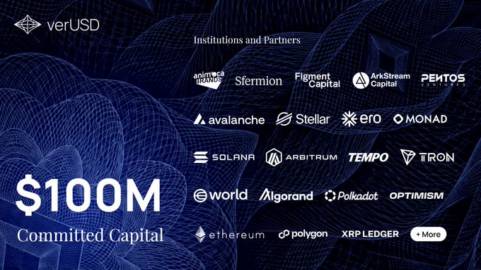 VerUSD, a dollar stablecoin for AI agents, showcases its $100M committed capital and institutional backing—including Animoca Brands, Sfermion, Figment Capital, and ArkStream Capital—across seven launch chains (Ethereum, Avalanche, Solana, Stellar, Polygon, Arbitrum, and XRP Ledger), visually reinforcing the post's claim of widespread multi-chain credibility without requiring users to "hold" or "choose" it.