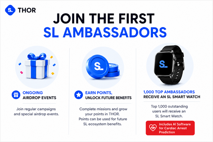The image features a poster promoting an app called "SLAMBASSADORS" created by Thor. The poster highlights that this app is designed for SL Ambassadors, who are individuals responsible for managing and promoting the app among their networks. The app offers various benefits such as earning points, receiving an S.L. Watch, and even getting a free smart watch in return. The poster also mentions that the app has been recommended by S.L. Ambassadors, indicating its popularity within the SL ecosystem.