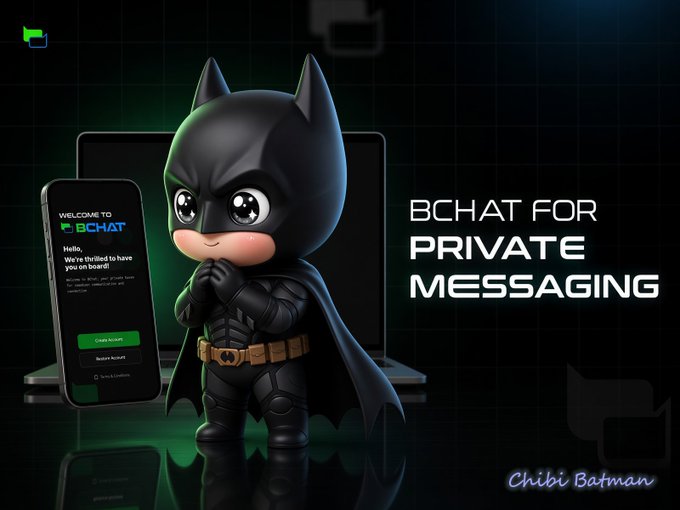 An advertisement for 'BCHAT' private messaging featuring a chibi-style Batman character, a smartphone showing the welcome screen, and the tagline 'BCHAT FOR PRIVATE MESSAGING'.