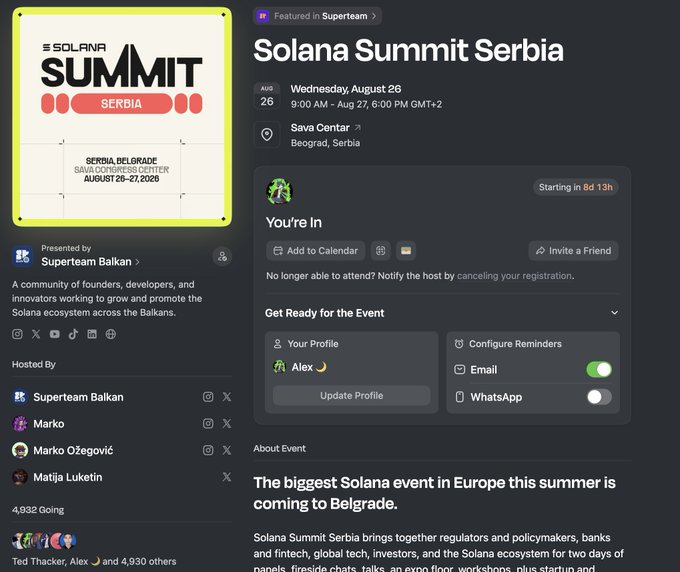 An event registration page for the "Solana Summit Serbia" taking place on Wednesday, August 26 at Sava Centar in Belgrade, presented by Superteam Balkan, featuring Ted Thacker, Alex J, and over 4,930 attendees, described as the biggest Solana event in Europe that summer.