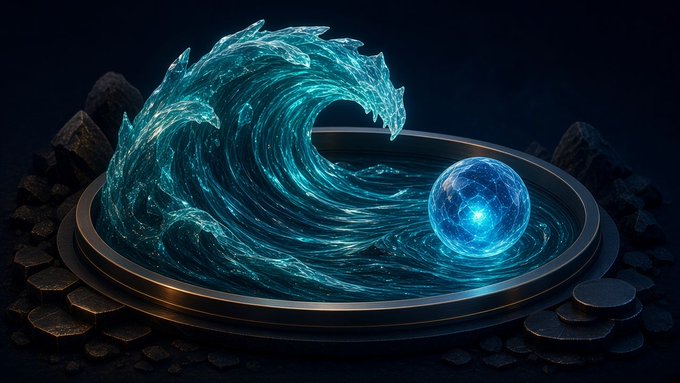 A digital artwork depicting a stylized blue glowing water wave forming a crescent shape next to a glowing blue sphere, all contained within a circular dark platform surrounded by rocks.