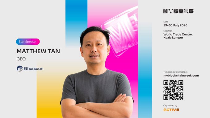 The image is a promotional banner for **MY:BLOCK WEEK** announcing Star Speaker Matthew Tan, CEO of Etherscan, scheduled for 29-30 July 2026 at the World Trade Centre, Kuala Lumpur. It connects to the accompanying post by introducing Tan as the founder of the popular Etherscan blockchain explorer tool, highlighting his background as a Malaysian developer who helped pioneer blockchain analytics.