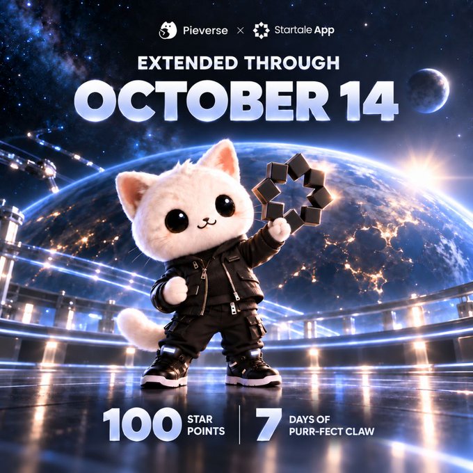 Promotional graphic for Pieverse x Startale App event 'Extended Through October 14,' featuring a white cat character in tactical gear holding a geometric object, offering 100 Star Points and 7 Days of Purr-fect Claw.
