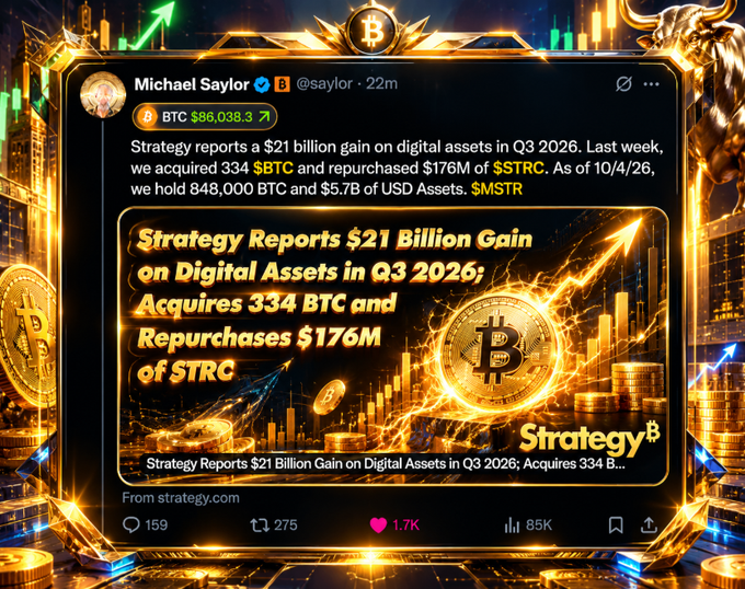 A tweet from Michael Saylor (@saylor) reporting Strategy's $21 billion gain on digital assets in Q3 2026, acquiring 334 BTC and repurchasing $176M of $STRC, with BTC at $86,038.3.