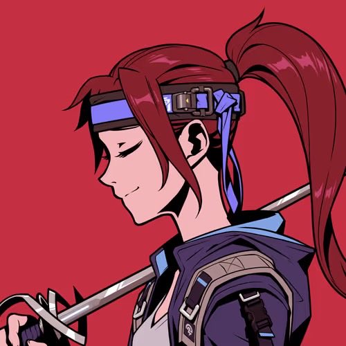 A digital illustration of a red-haired anime-style female character with a ponytail, wearing a blue headband and dark armor, set against a solid red background.