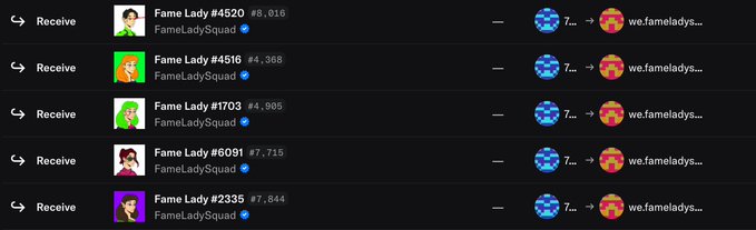 The image shows a list of five Fame Lady NFT transactions (numbered #4520, #4516, #1703, #6091, and #2335) being received by "we.fameladys...." from a user, illustrating the 5 Fame Lady NFT donation from @_jeremy_two to the FameLadySquad treasury referenced in the post.