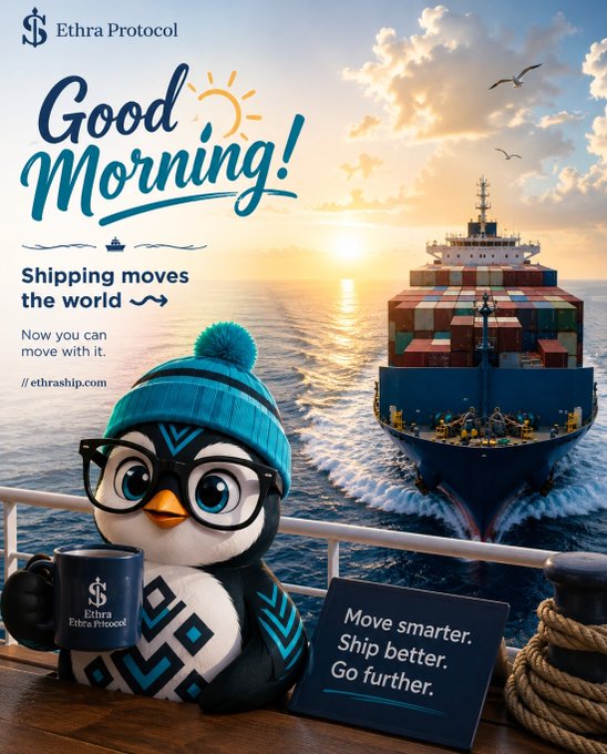 A 'Good Morning!' advertisement for Ethra Protocol featuring an anthropomorphic penguin wearing a teal beanie and glasses, holding a branded mug, with the tagline 'Shipping moves the world' and 'Move smarter. Ship better. Go further.' displayed near a cargo ship at sea.