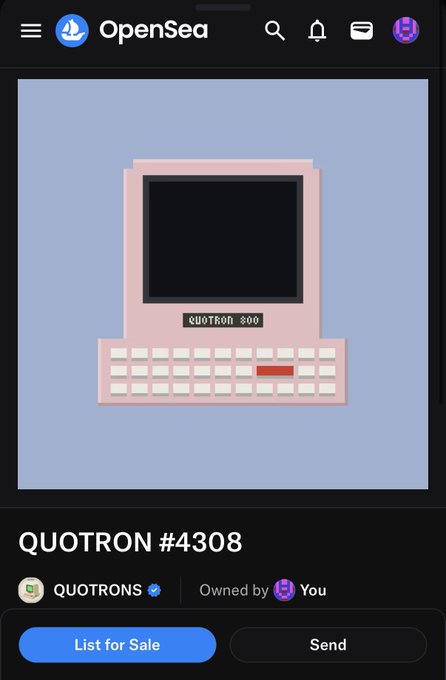 The image shows an OpenSea NFT listing for "QUOTRON #4308," a pixel-art pink retro computer labeled "QUOTRON :800" from the QUOTRONS collection, which the user owns. It illustrates the post's "T3" reference, indicating the owner is adding another tier-3 Quotron to their growing collection while humorously acknowledging their accumulating "problem" of collecting them.