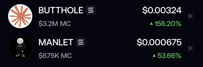 A cryptocurrency price tracker showing two meme coins: BUTTHOLE priced at $0.000324 with a 156.20% increase and $3.2M market cap, and MANLET priced at $0.000675 with a 53.66% increase and $675K market cap.