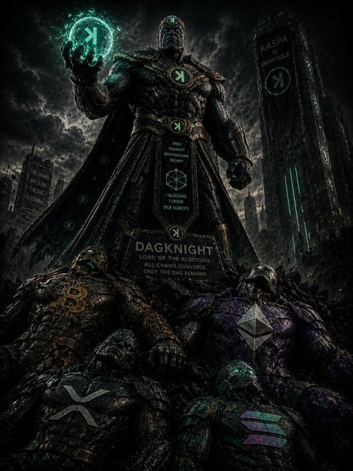The image features a large statue of a man dressed as a dragon, surrounded by other dragons and humans. The text "Kaspa is THE ENDGAME #Kaspa" is present, which suggests that this scene might be related to a video game or an animated movie featuring Kaspa as the main character.

The image also includes various elements such as a sword, a shield, and a coin, which could be symbols associated with the dragon theme. The presence of these objects reinforces the idea that the scene is set in a fantasy world where dragons are the dominant force.