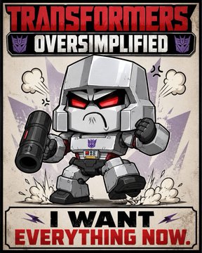 A cartoon-style poster featuring Megatron from Transformers Oversimplified with the text 'TRANSFORMERS OVERSIMPLIFIED' at the top and 'I WANT EVERYTHING NOW.' at the bottom.