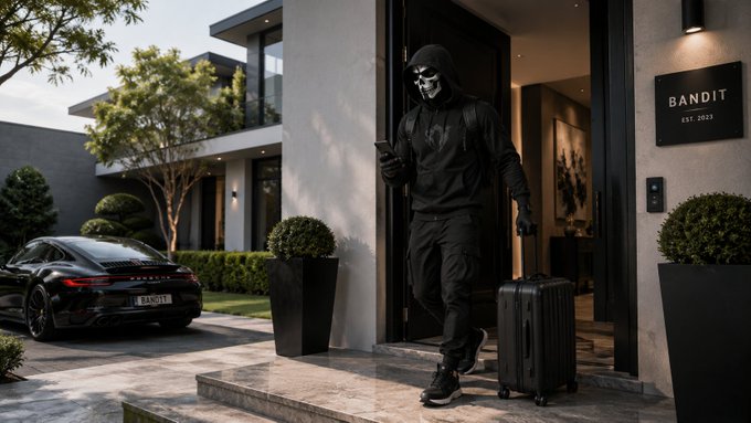 A person dressed entirely in black with a skull mask and backpack leaving a modern home marked 'BANDIT EST. 2023', pulling a suitcase beside a black sports car.