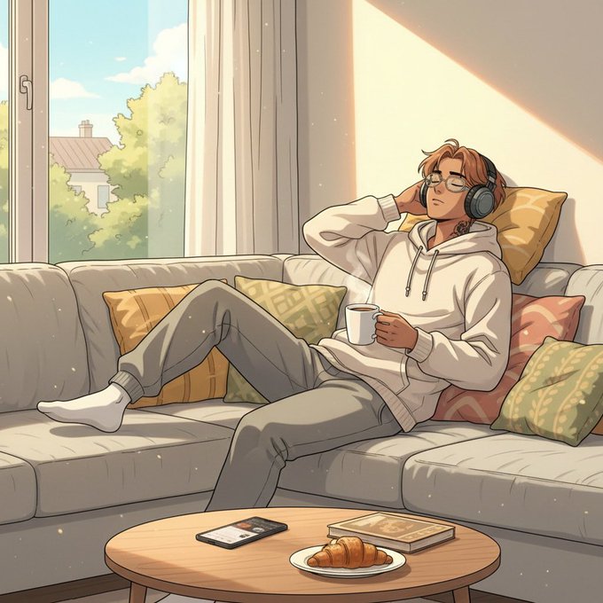 The image features a man sitting comfortably on a couch with headphones on his ears while holding a coffee cup and a croissant, possibly enjoying some breakfast or a snack. The scene takes place indoors, with a dining table nearby that has a book placed on top of it. The overall atmosphere suggests a relaxed and leisurely moment for the man as he enjoys his time at home.