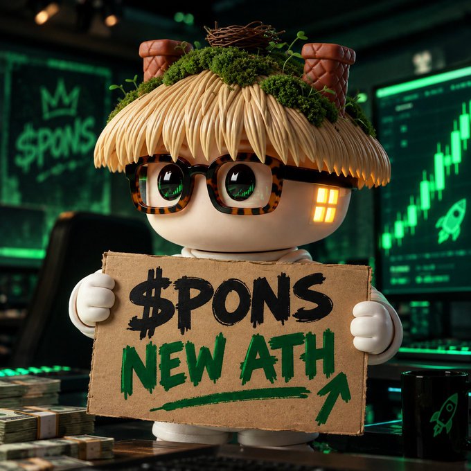 A 3D cartoon character with blonde hair, moss, and a bird's nest on its head, wearing tortoiseshell glasses, holding a cardboard sign that reads '$PONS NEW ATH' with a green upward arrow, set against a background of stock trading charts.
