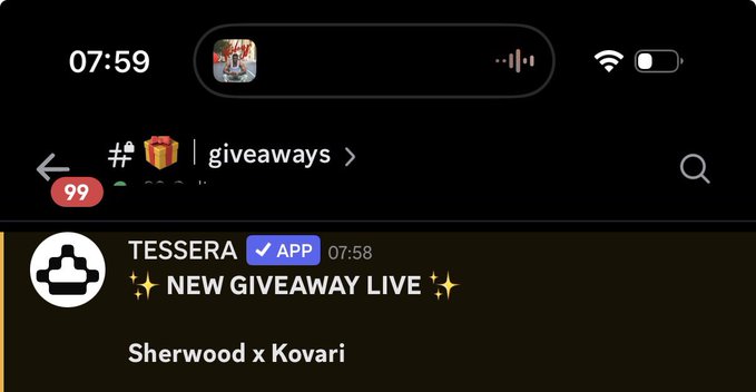 A screenshot of a Discord server showing the 'giveaways' channel with a message from the 'TESSERA' app announcing a 'NEW GIVEAWAY LIVE' for 'Sherwood x Kovari'.