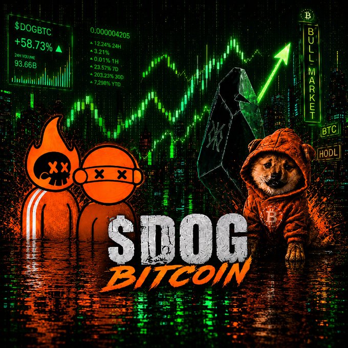 The image features an advertisement for a cryptocurrency called "Sdog BitCoin". The background shows a cityscape with buildings, indicating that the coin is related to urban environments or real estate. The text on the poster reads "Thesis Linear algorithmic thinking says memes belong on cheap alt-chains. Human intuition sees a higher truth." This message suggests that the coin is designed for people who value creativity and originality over traditional cryptocurrency norms. The phrase "Bitcoin Runes like $DOG transcend the computational trap of standard crypto tokenomics" implies that the coin has unique features or characteristics, making it stand out from other cryptocurrencies in terms of its design or purpose.