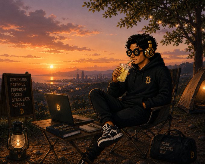 A digital illustration shows a young man in a Bitcoin-themed hoodie drinking from a cup at sunset, sitting at a campsite with a laptop, drum set, and a sign reading 'DISCIPLINE PATIENCE FREEDOM FOCUS STACK SATS REPEAT.'