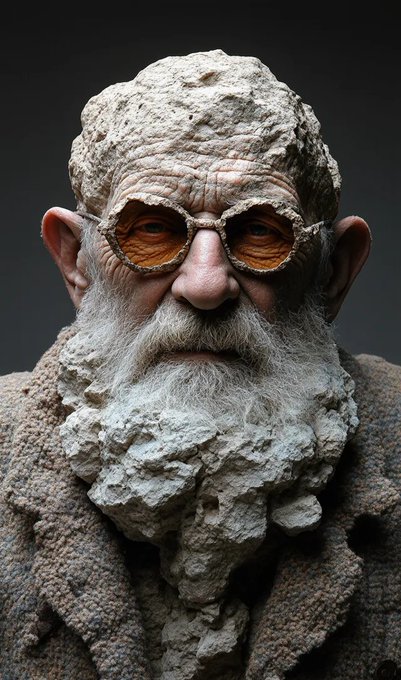 A hyper-realistic 3D render or sculpture of an elderly man with deeply weathered, stone-like textured skin and a white beard, wearing round orange-tinted sunglasses.