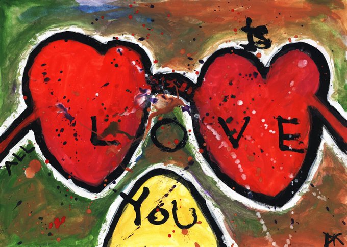 A vibrant, child-like painting featuring two large red hearts spelling 'LOVE' and a smaller yellow heart spelling 'YOU' against a green and brown background with paint splatters.