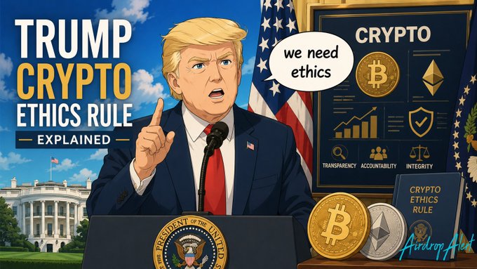 The image is a stylized illustration of Donald Trump speaking at a presidential podium, gesturing upward with his index finger, accompanied by the bold text "TRUMP CRYPTO ETHICS RULE – EXPLAINED" on the left and a "we need ethics" speech bubble on the right. Beside him, a display board titled "CRYPTO" features Bitcoin and Ethereum logos alongside icons representing "TRANSPARENCY, ACCOUNTABILITY, INTEGRITY," reinforcing the post's message about the new federal ethics rule banning officials from launching tokens while in office.