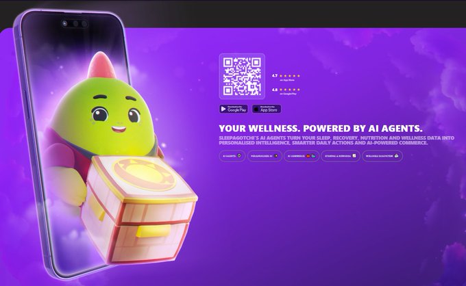A purple promotional graphic for Sleepagotchi features a green character emerging from a phone screen with a treasure box, displaying a QR code, 4.7/4.8 star ratings, and the tagline "YOUR WELLNESS. POWERED BY AI AGENTS."