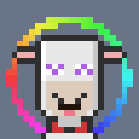 A pixel art NFT-style image of a smiling character with a white mask/helmet, purple checkered eyes, and a rainbow-colored halo or ring surrounding them against a gray background.