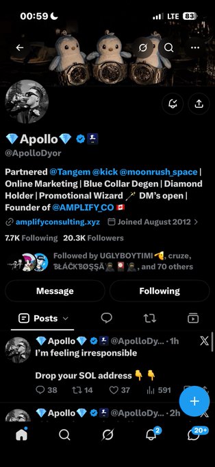 A Twitter/X profile for 'Apollo' (@ApolloDyor) shows 7.7K Following, 20.3K Followers, with a tweet reading 'I'm feeling irresponsible Drop your SOL address'.