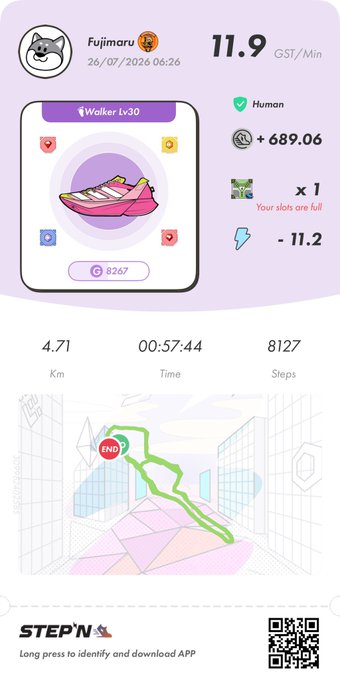 A screenshot of the STEPN app showing user 'Fujimaru's' running session with 11.9 GST/Min earnings, a pink Walker Lv30 sneaker NFT, stats of 4.71 Km, 00:57:44 time, and 8127 steps, along with a map showing the GPS route.