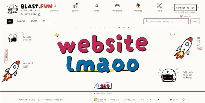 A screenshot of the BLAST.FUN website homepage with the text 'website lmaoo' overlaid in pink and blue bubble letters, decorated with rocket and helmet doodles.