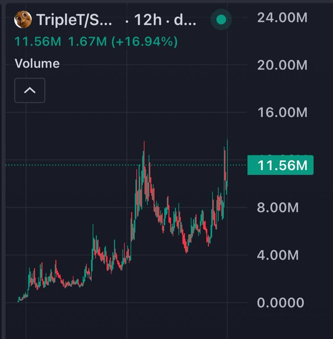 Trading chart showing volume data for TripleT/S... with a current value of 11.56M (+16.94% or 1.67M), displayed over a 12-hour period with candlestick patterns.