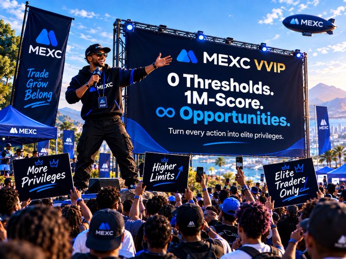 A promotional image for MEXC VVIP featuring a person on stage with text '0 Thresholds. 1M-Score. ∞ Opportunities. Turn every action into elite privileges' and 'Trade Grow Belong'.