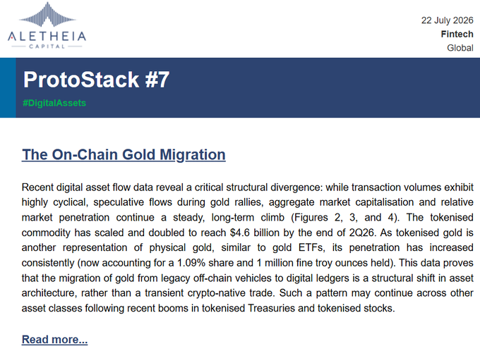 A digital newsletter from Aletheia Capital dated 22 July 2026 discussing 'ProtoStack #7' and 'The On-Chain Gold Migration' regarding tokenised commodity growth.