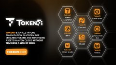The image showcases TokenFi's ecosystem featuring its $TOKEN token, highlighting key features like token creation, real-world asset (RWA) tokenization, AI tools, airdrops, and fundraising capabilities—all framed around the message that the "$16T tokenization era starts with $TOKEN."
