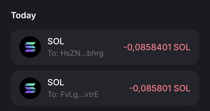 A screenshot of cryptocurrency transactions showing two outgoing SOL transfers with negative amounts (-0.0858401 SOL and -0.085801 SOL) to different wallet addresses.