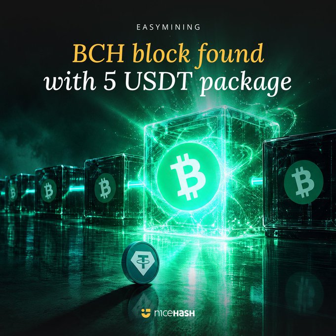 A promotional graphic for EasyMining featuring glowing green Bitcoin Cash cubes with the headline "BCH block found with 5 USDT package," showcasing a NiceHash logo and celebrating a user's small 5 USDT Silver package successfully mining BCH block #969864 for a reward of 3.03248819 BCH (~$1,065).