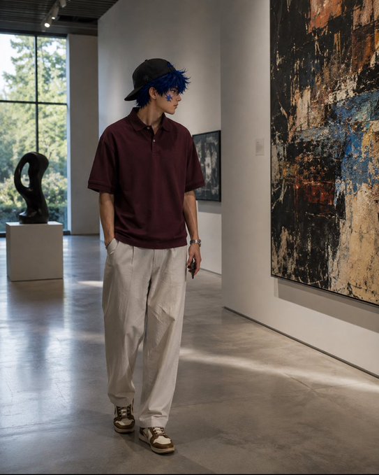 A young person with blue hair wearing a maroon polo shirt, beige baggy pants, and a black cap stands in an art gallery looking at abstract paintings.