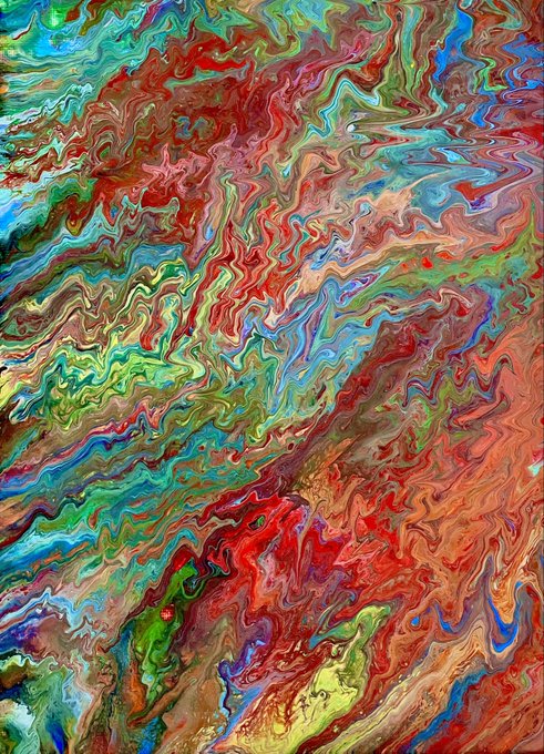 An abstract painting featuring swirling, marbled patterns in vibrant shades of red, green, blue, yellow, and orange.