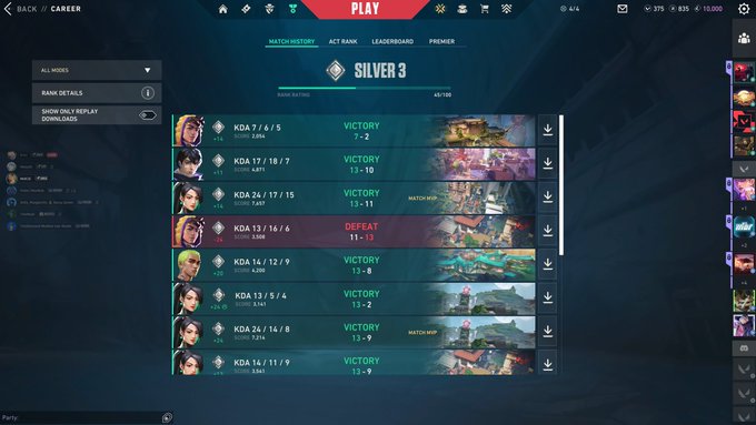 A Valorant match history screen shows a 'Silver 3' rank with multiple KDA stats and victory/defeat results.