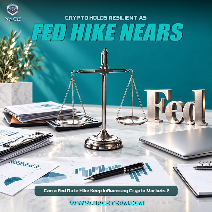 A promotional graphic featuring a balance scale, "Fed" lettering, financial charts, and documents on a marble desk, with the headline "CRYPTO HOLDS RESILIENT AS FED HIKE NEARS" and tagline "Can a Fed Rate Hike Keep Influencing Crypto Markets?" from naceteam.com. The visual reinforces the post's theme by symbolizing the delicate balance between Federal Reserve monetary policy decisions and cryptocurrency market stability.