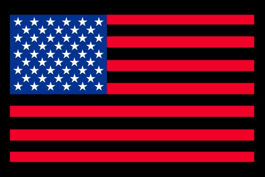A digitally stylized American flag with black stripes and red horizontal bands, featuring a blue canton filled with white stars.