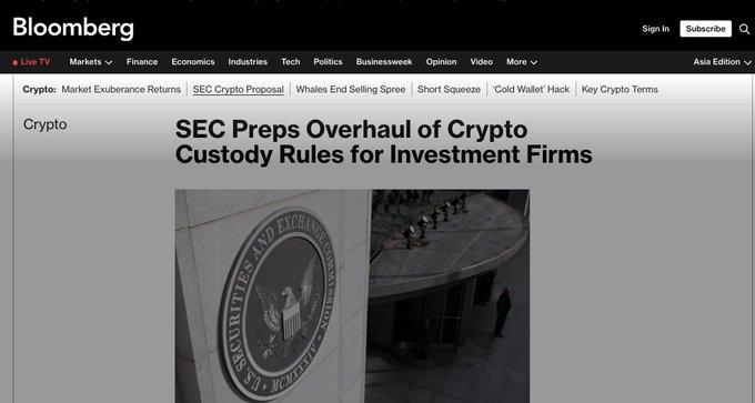 A Bloomberg headline reads "SEC Preps Overhaul of Crypto Custody Rules for Investment Firms," accompanied by an image of the SEC seal at its Washington headquarters. The article aligns with the post's announcement about potential regulatory changes that could impact institutional crypto access, particularly for assets like XRP.