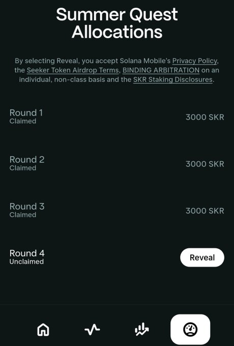 A 'Summer Quest Allocations' screen from Solana Mobile showing Seeker Token (SKR) rewards, with Rounds 1-3 Claimed at 3000 SKR each and Round 4 Unclaimed with a Reveal button.