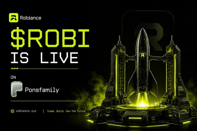 Promotional graphic from Robiance announcing that "$ROBI IS LIVE" on Ponsfamily, featuring a futuristic green-lit rocket launch pad with the project's "R" logo, tying into the post's message about $ROBI being an early entry with strong fundamentals and 20k market cap potential.