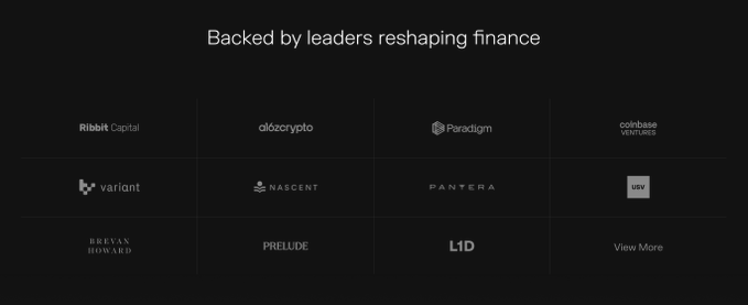 A black screen titled 'Backed by leaders reshaping finance' displaying a grid of investor and firm logos including Ribbit Capital, Pantera, Brevan Howard, and Paradigm.
