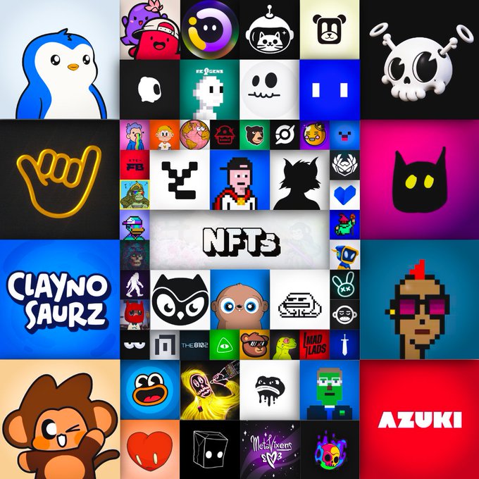 A collage of various NFT collection graphics with the word 'NFTs' in the center and the AZUKI logo in the bottom right corner.