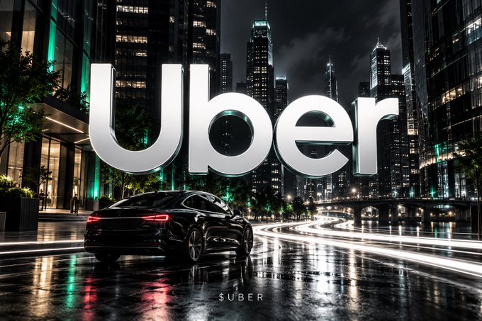 A promotional-style image featuring a black car on a wet city street at night with large 'Uber' text overlaid.