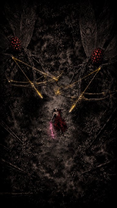 A dark fantasy digital artwork depicts a small figure in a flowing red cloak wielding a glowing pink sword, facing off against two massive grotesque entities with glowing red eyes and golden tendrils in a shadowy abyss.