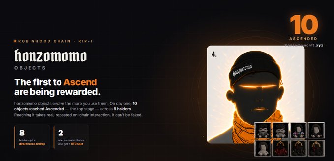 A promotional graphic announces that the first 10 honzomomo objects on Robinhood Chain have "Ascended," the top stage across 8 holders, with rewards of 8 honzo-airdrop and 2 ETC spot distributed to honzo-arnft.xyz, alongside a hooded figure wearing a "honzomomo" cap with glowing orange eyes.